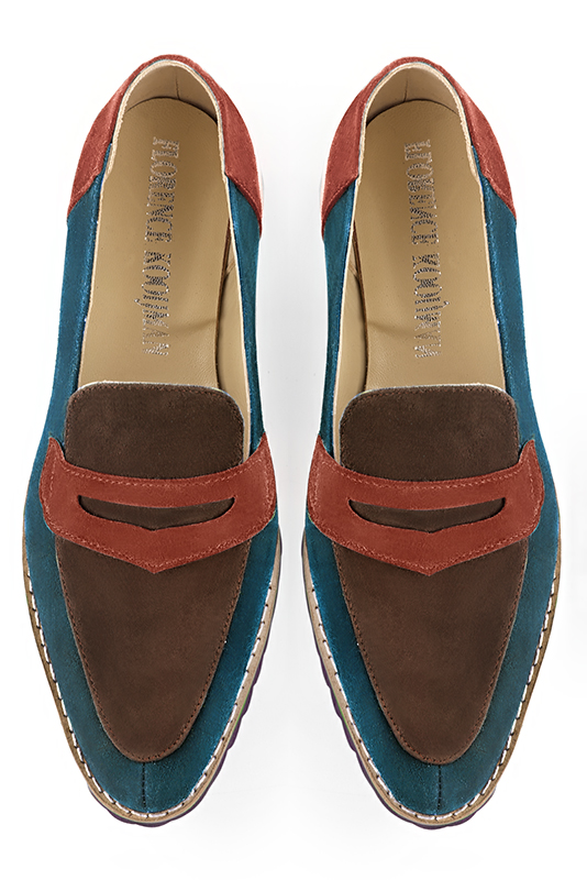 Peacock blue, chocolate brown and terracotta orange women's casual loafers. Round toe. Flat rubber soles. Top view - Florence KOOIJMAN